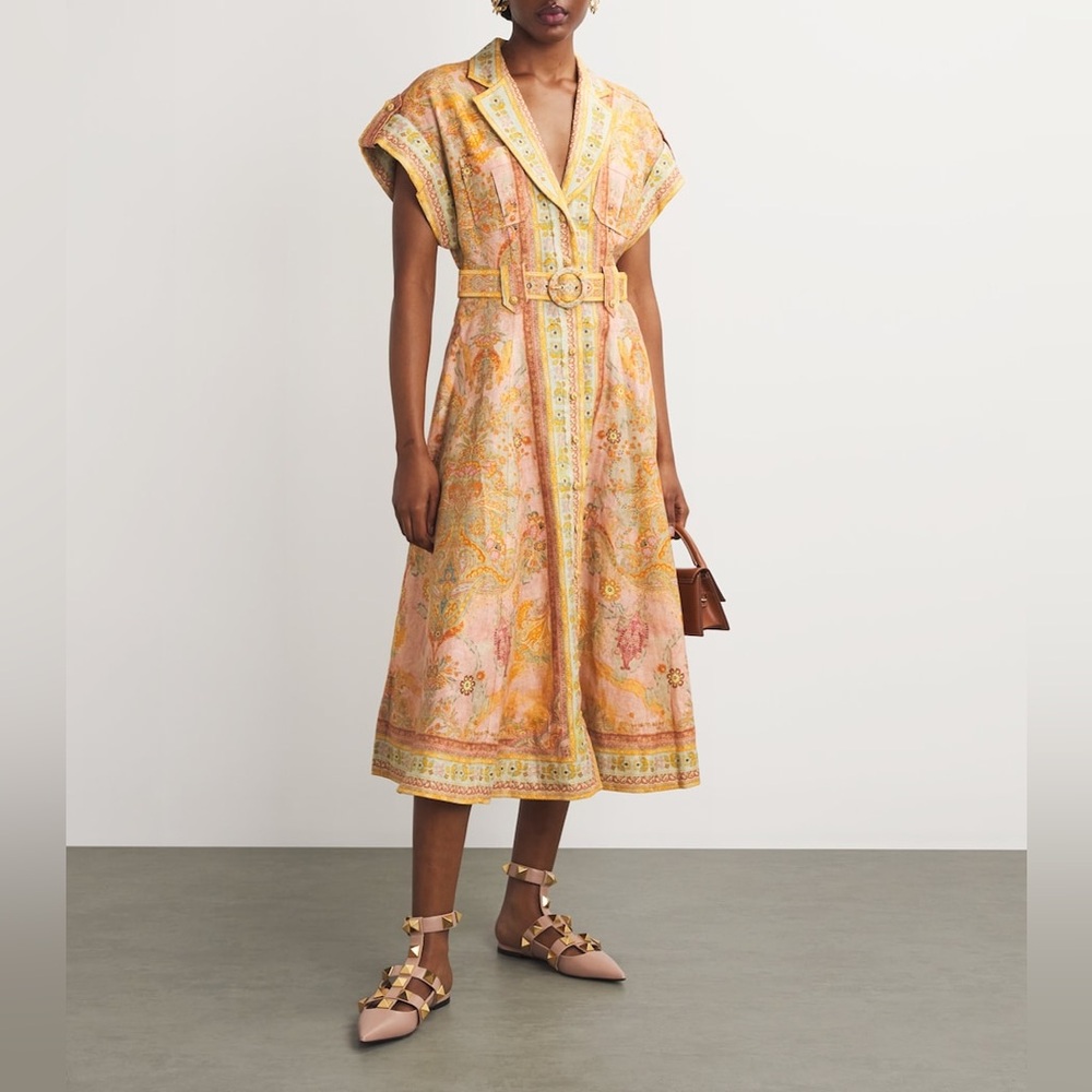 Zimmermann Acacia floral belted linen midi dress size 0 fit US size 4